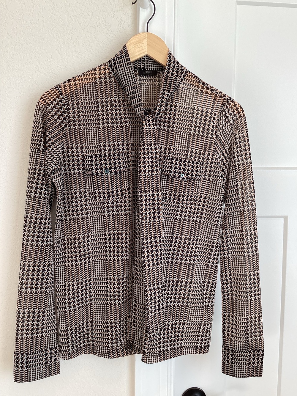 ✨Esprit Long Sleeve Tie Neck Blouse Size Medium Black Brown Pattern